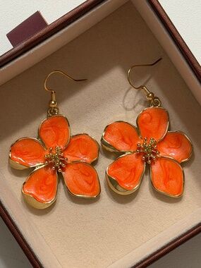 Golden Orange Flower Enamel Statement Dangle Drop Hook Closure Earrings